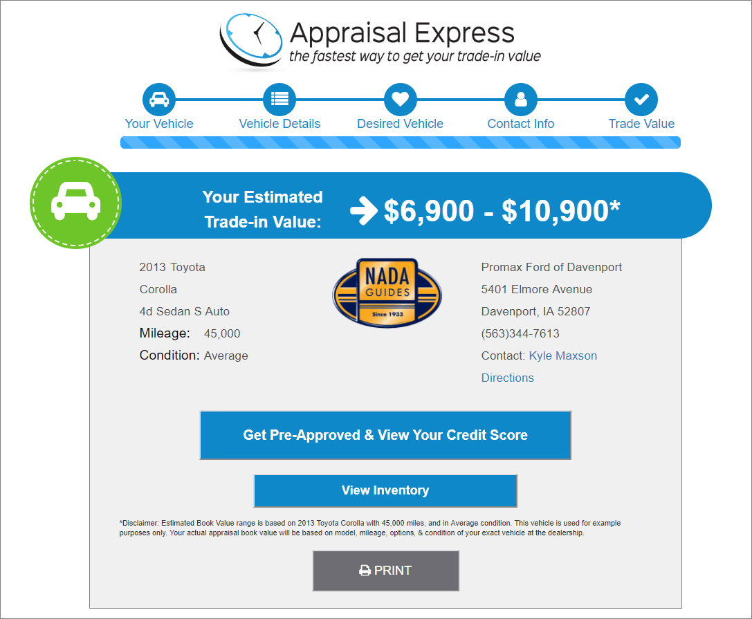 Appraisal Express Trade value screen